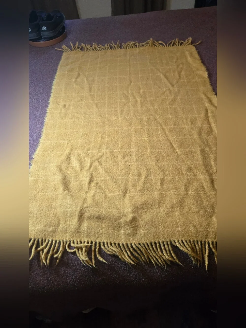 Vintage Edgar Of Scotland 100% Wool Large Scarf Goldenrod Color Plaid Background
